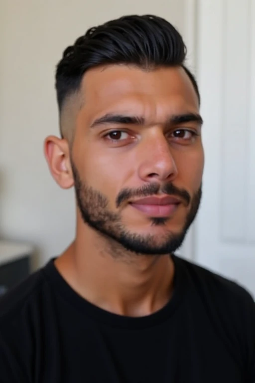an oblong-faced man with buzz cut hairstyle right face