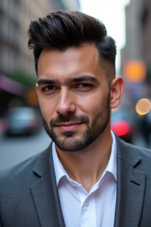 an oblong-faced with pompadour with shrot sides hairstyle