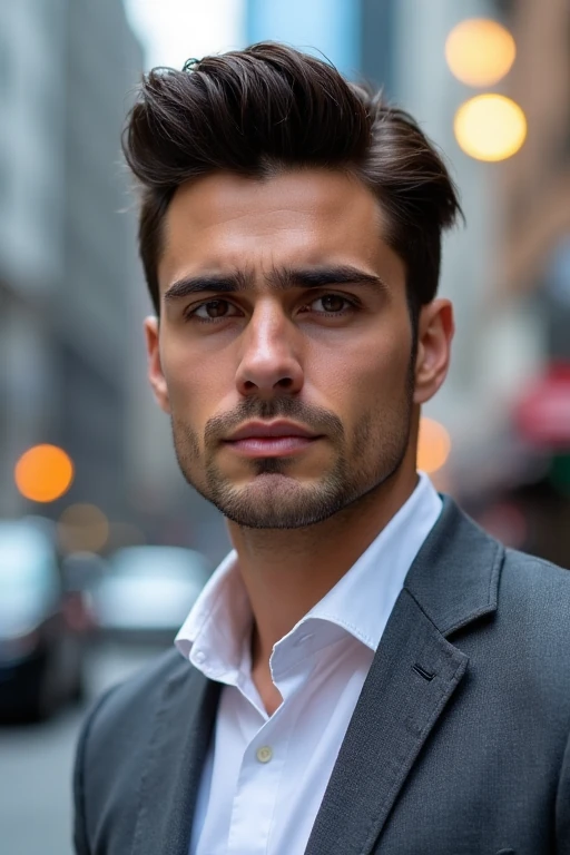 an oblong-faced with pompadour with shrot sides hairstyle frontal face