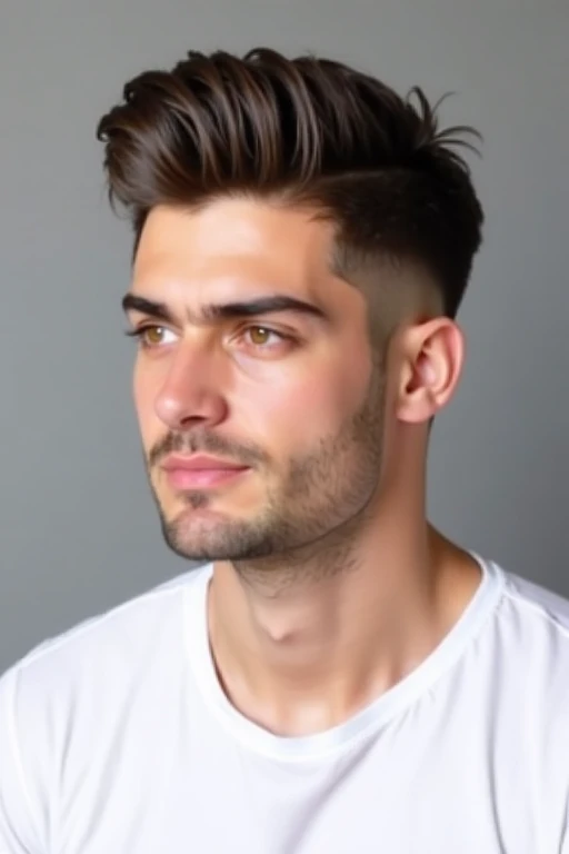 an oblong-faced man with side part hairstyle facing left