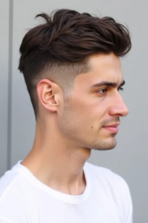 an oblong-faced man with side part hairstyle facing right